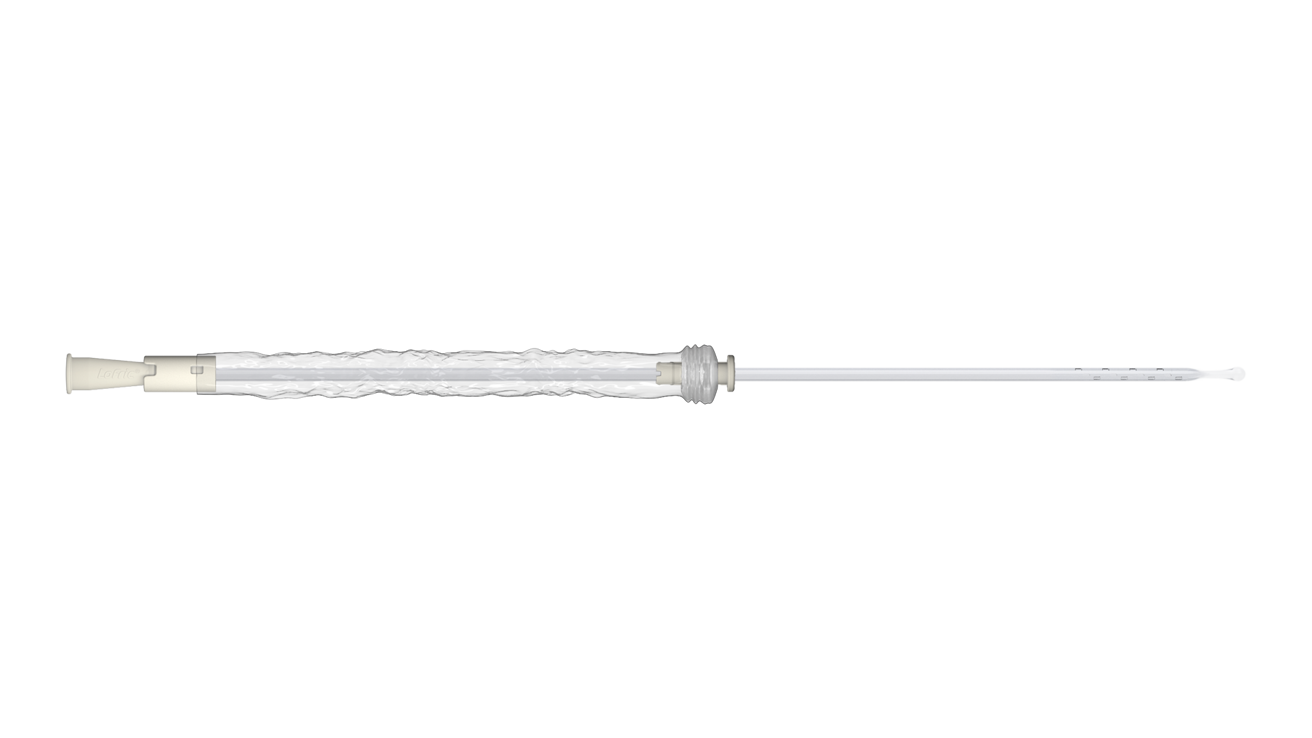 LoFric Origo Pro product image in 16:9 for the website, showing the catheter taken out of the packaging and with the protective sleeve pulled half way down.